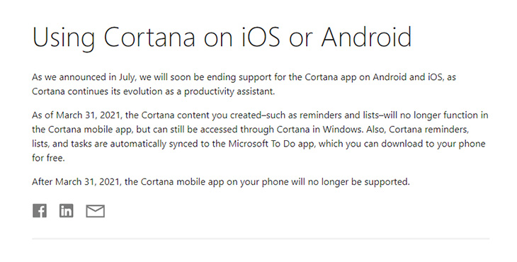 Microsoft cho trợ lý ảo Cortana trên iOS và Android nghỉ hưu