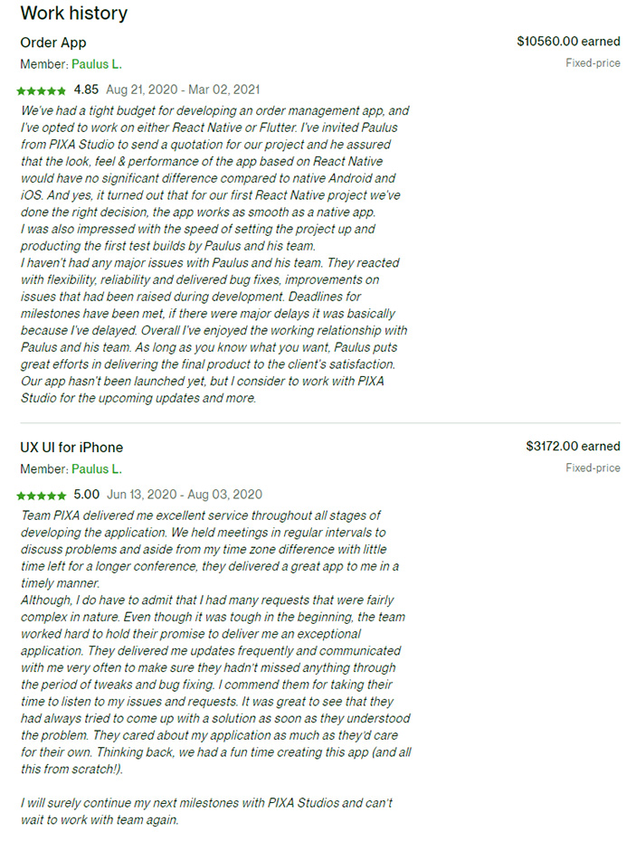 Đây là review của khách hàng đã trực tiếp làm việc với Pixa trên Upwork.